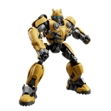 A yellow and black robot action figure with blue eyes, posed in a dynamic stance against a plain white background.