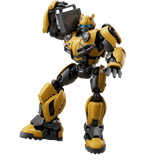 A yellow and black robot action figure with blue eyes, holding a gray boombox, isolated on a solid black background.
