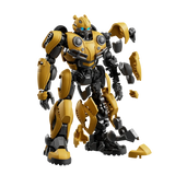 A yellow and black robot action figure with multiple loose parts scattered around it, shown on a plain white background.