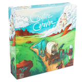 Board game box for 'Creature Caravan' with a colorful illustration of a landscape, wagon, and creature.