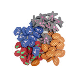 Assorted colorful wooden toy pieces on a white background