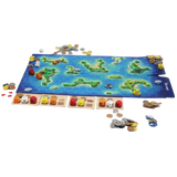 Board game setup with a colorful map and game pieces on a white background