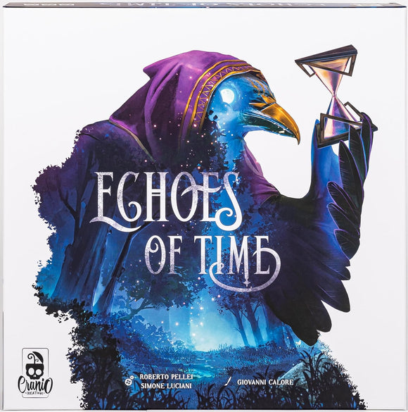 Board game box for 'Echoes of Time' with an eagle holding a sand timer against a forest background.