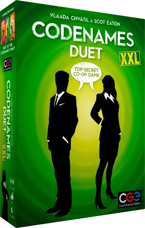 Box of Codenames Duet XXL game with silhouettes of two people and a green background