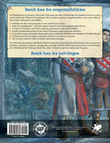 Back cover of a book with text and illustrations of characters in a fantasy setting.