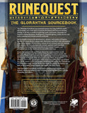 Back cover of 'RuneQuest: The Glorantha Sourcebook' with characters and text.