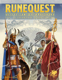 Cover of RuneQuest Glorantha Sourcebook with characters and fantasy elements.