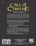 Back cover of 'Call of Cthulhu' Keeper Rulebook with text and logo.