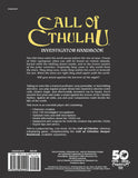 Back cover of 'Call of Cthulhu Investigator Handbook' with text and branding.