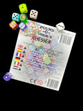 Hessex dice packaging with colorful dice on a black background