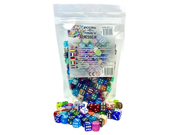 Assorted colorful dice with a transparent bag labeled 'Hessex' on a white background.