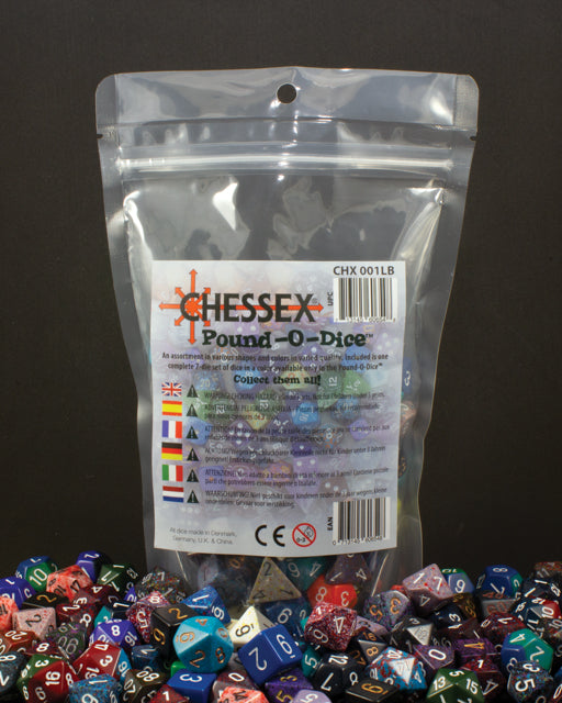 Packaged Chessex Pound-O-Dice with dice spilling out on a black background