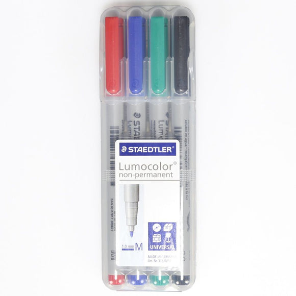 Pack of Staedtler Lumocolor non-permanent markers with four different colors on a white background.