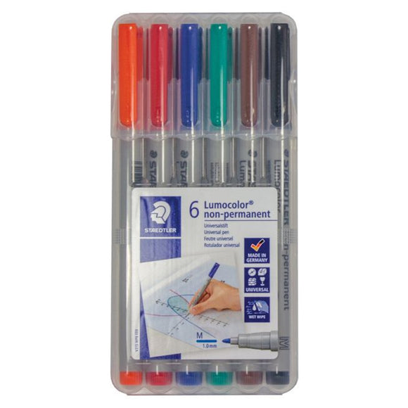 Set of six Staedtler Lumocolor non-permanent markers in various colors in a clear plastic case.