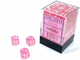 Pink dice with a clear cube container labeled 'CHX 23814' by Chessex on a white background.