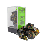 Set of Chessex dice with a clear box labeled CHX 24405 on a green background