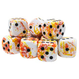 Set of marbled dice with black dots on a white background