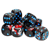 Black dice with blue and red patterns on a white background