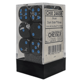 Box of Chessex dice with black dice and blue pips on a transparent background