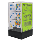Box of Chessex dice with colorful dice faces on a green background