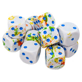 White dice with blue dots and colorful splatter patterns on a white background
