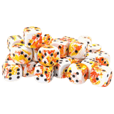 Stack of dice with a white, orange, and black marbled pattern on a transparent background