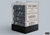 Box of Chessex dice with labels on a gray background