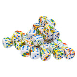 Set of colorful dice with polka dot patterns on a white background