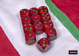 Red dice with green dots on a red, white, and green striped background