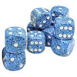 Blue dice with white dots on a white background