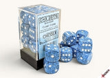 Blue speckled dice with white spots and a Chessex branded box on a white background