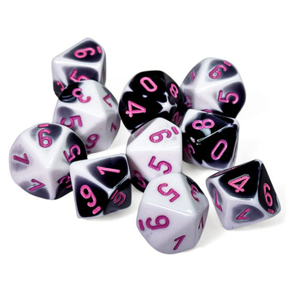 Chessex Dice: Gemini - D10 Polyhedral Set Black-White/pink (10)