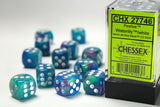 Set of Chessex dice with a clear box labeled CHX 27746 on a white background