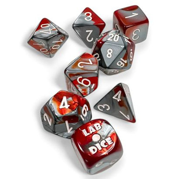 Set of red and gray dice with 'LAB DICE' text on a white background