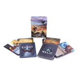 Card game components including cards labeled 'Event' and 'Relic' with a game box in the background.