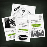 Set of 'Clue' game cards on a dark background