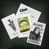 Set of trading cards with various images and text on a dark background
