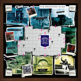 Scrambled 'Clue' board with photos and text on a brown background