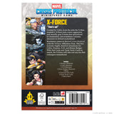 Marvel Crisis Protocol X-Force miniatures game box back cover with character illustrations and text.