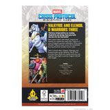 Marvel Crisis Protocol miniatures game box back cover with illustrations of Valkyrie and Elendil.