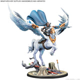 Figurine of a warrior on a winged horse with detailed armor and cape on a white background.