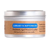 Candle tin with 'Library Scriptorium' label on a white background