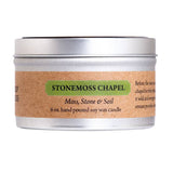 Candle tin labeled 'Stonemoss Chapel' with a natural label on a white background