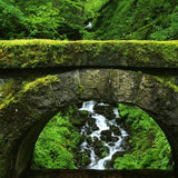 Stone archway with moss overgrown on a background of green foliage and a small waterfall.