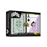A boxed deck of Copag Legacy 100% plastic playing cards on a plain white background. The black retail box shows front and side panels with the Copag branding, a green ornate back design, a white ace card with a purple spade motif, and text reading '100% PLASTIC CARDS - POKER SIZE - LEGACY'.
