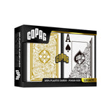 A box of Copag Legacy 100% plastic playing cards, showing the black and gold packaging with a preview of the gold-patterned back and the black-and-white front of an Ace of Spades card.