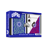 A box of Copag Neoteric 100% plastic playing cards, bridge size, featuring blue packaging with a preview of the patterned cards inside.