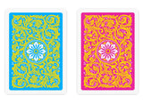 Two playing cards shown side by side on a white background, each with ornate baroque-style scrollwork. The left card has a bright blue back with yellow and white detailing, and the right card has a vivid pink back with yellow and white detailing.