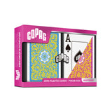 GOPAG Copag 100% plastic playing cards 'Neoteric' deck in its retail packaging, featuring a pink box with a clear window displaying the blue, white, and yellow patterned cards.