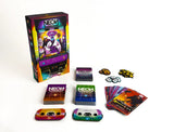 Neon Reign board game components including cards and a box on a white background